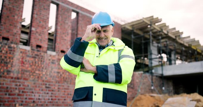 Face, engineer and man at construction site with confidence, development and protection hard hat. Smile, engineering inspector and mature person with arms crossed, safety helmet and career pride