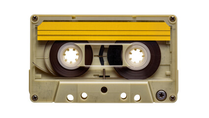 Vintage beige cassette tape with yellow label, isolated on transparent background
