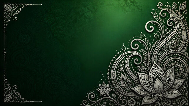 Dark green background with traditional Indian pattern for Diwali with lotus and mehndi flower elements, free space for text, copy space