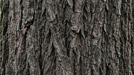 Naklejka premium Close up view of rough brown tree bark texture showing natural patterns and vertical lines on a large forest tree trunk