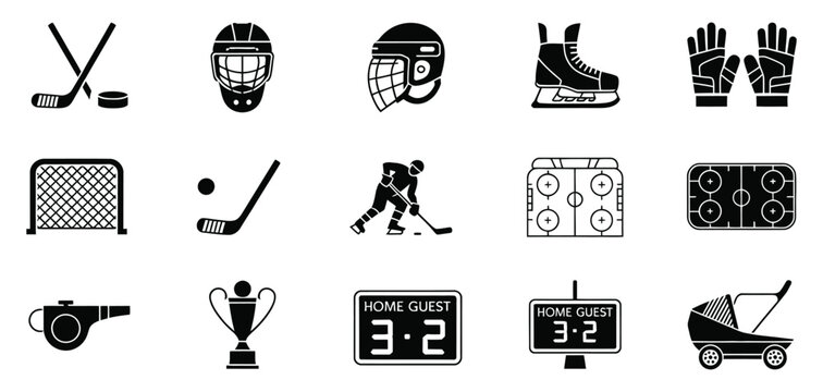 Hockey icon set solid filled vector illustration hockey stick helmet puck goal mask ice rink team bench face-off symbols collection.