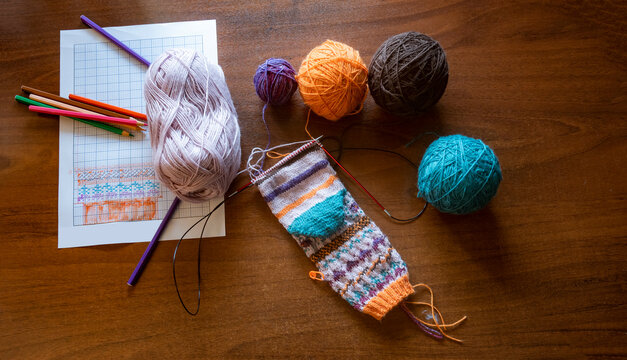 Knitting Project with Chart and Yarn