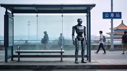 Naklejka premium minimalist robot waiting at a local bus stop in Taipei Taiwan, street photography