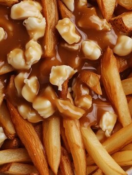 Delicious poutine with french fries, cheese curds, and gravy covering everything