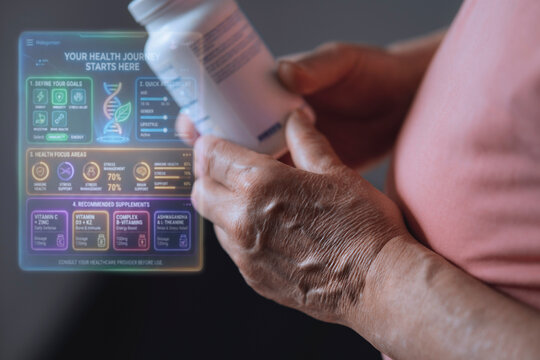 Hand holding supplement jar with virtual health dashboard
