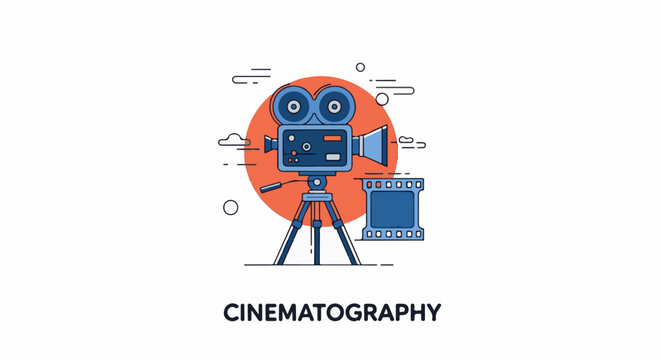 A blue film camera on a tripod in front of an orange circle