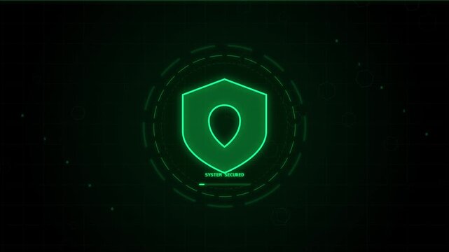 Cybersecurity shield icon glowing green on dark digital interface background with data circuits