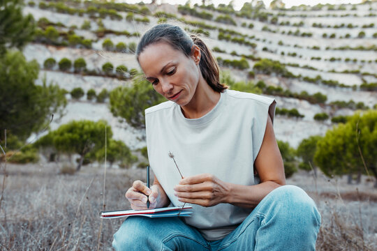 Female scientist writing in book while researching on dried grass at old mine