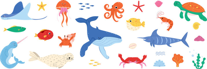 Cute vector illustrations of sea creatures, ocean elements, and marine animals. Hand-drawn cartoon sea creatures: whale, narwhal, turtle, octopus, jellyfish, fish, coral, and shells. Underwater world  © Марина Мигаль