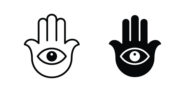 Hamsa Hand with All Seeing Eye Symbol Set in Black and White Minimalist Vector Style