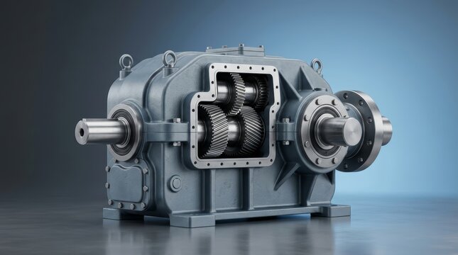 Industrial multi-stage gearbox 3D render, precision torque multiplication transmission, heavy duty gear reduction assembly