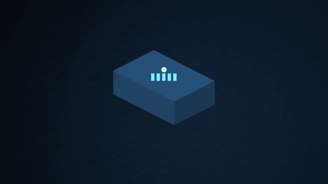 A graphic representation of a blue rectangular prism with a bar chart on top against a dark background