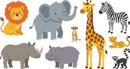 Cute African Safari Animal Cartoon Collection Featuring Lion Elephant Giraffe Zebra Rhinoceros Hippopotamus Cheetah Meerkat and Lemur Vector Illustration © Bokul