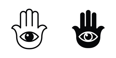Fototapeta premium Hamsa Hand with Evil Eye Symbol Set in Black and White Minimalist Vector Style
