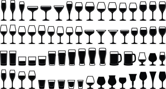 Glassware Silhouette Icon Set with Varied Wine Champagne Beer Cocktail and Shot Glasses for Bar Restaurant and Beverage Graphic Designs
