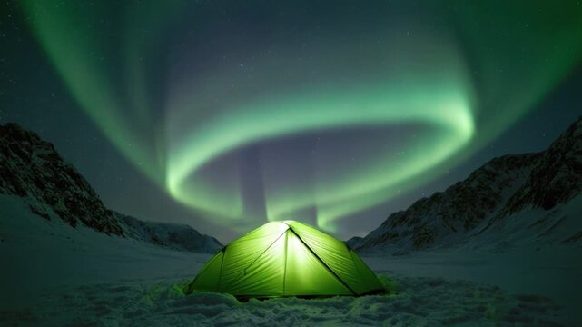 Glowing green tent under vibrant swirling northern lights in snowy mountain valley during clear night sky camping adventure and nature exploration