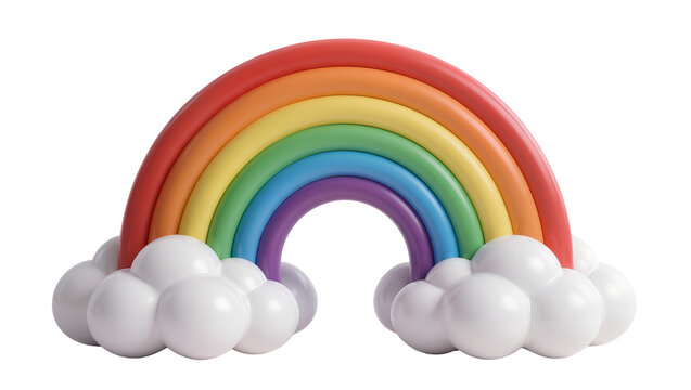 Brightly colored rainbow arch with fluffy white clouds, isolated on transparent background