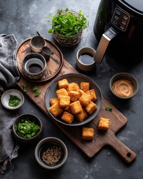Crispy air fryer golden bites with dipping sauces and fresh herbs on wooden board for menu, recipe card, National Tofu Day
