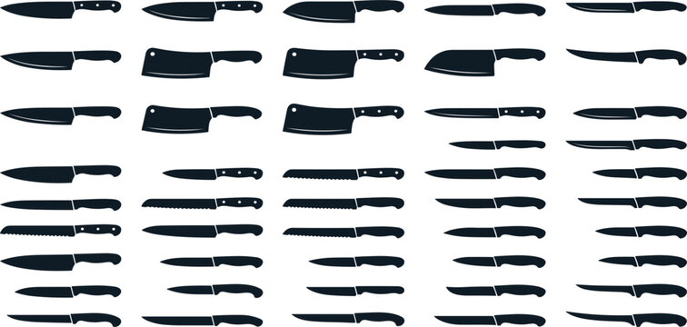 Kitchen Knife Silhouette Icon Set with Cleaver, Bread Knife, and Chef Blades for Restaurant, Culinary, Cooking, and Butcher Graphics
