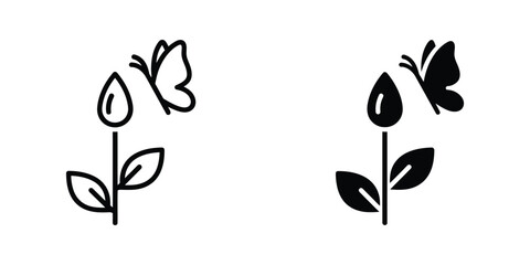 Minimalist butterfly and flower icon set in outline and solid black style for nature and ecology design © Abdul