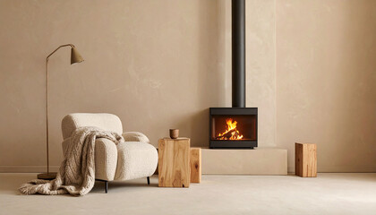 Obraz premium Cozy minimalist living room featuring a modern fireplace, plush boucle armchair with a knit blanket, and natural wooden tables. Perfect for modern interior design inspiration.