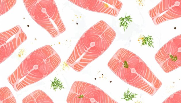 Sliced salmon fillets repeating pattern on white.