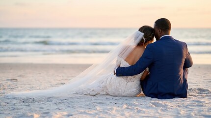 Fototapeta premium Bride and groom sitting on sandy beach at sunset, wearing elegant wedding attire, with ocean waves gently lapping in the background, creating a romantic atmosphere