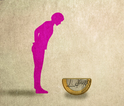 Illustration of woman looking at halved Euro coin symbolizing increasing inflation