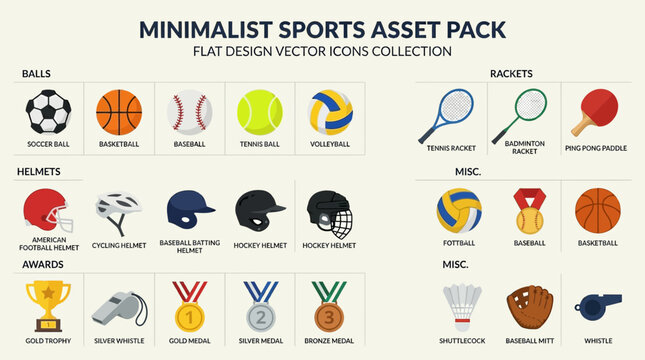 Minimalist vector sports icons showcase various balls, awards, and equipment for athletes.