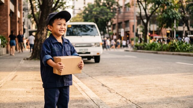 Happy young Asian boy dressed in a blue courier uniform holding a cardboard box on a city street