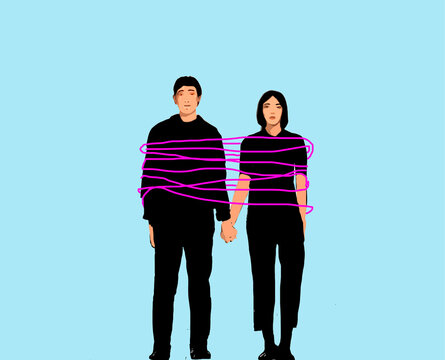 Concept illustration of a couple holding hands tied up together