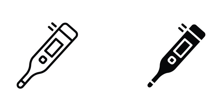 Digital Thermometer Medical Device Icons in Outline and Solid Styles for Healthcare and Fever Monitoring
