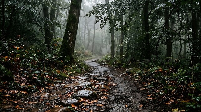 Mysterious dark forest path with fog and colorful fallen autumn leaves on the ground