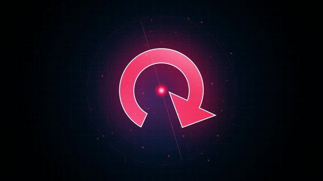 Glowing red neon circular arrow symbol on dark background