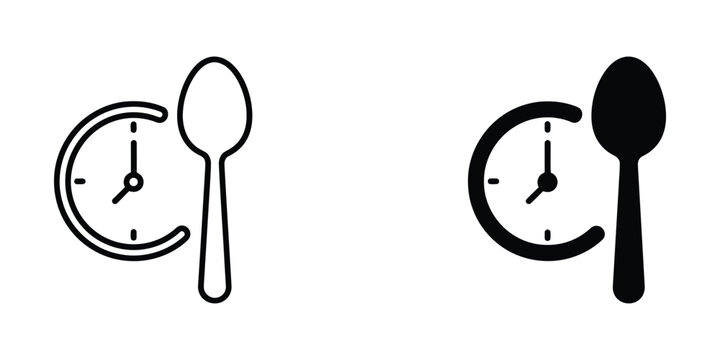 Meal time icon set featuring a clock and spoon symbol for healthy eating schedule and diet planning