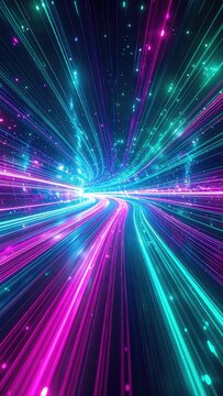 Vibrant neon light trails streak through a dark digital space.