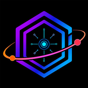 Abstract cyber technology hexagon logo icon with neon blue gradient orbit rings and digital network circuit nodes