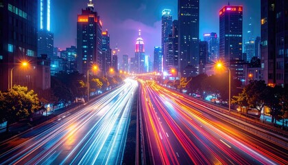 Naklejka premium A vibrant cityscape at night with light trails from traffic on a multi-lane highway.