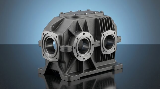 Industrial speed reducer housing 3D render, gearbox enclosure assembly, gear reducer casing, heavy duty transmission housing