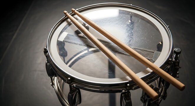 Musical drum with drumsticks on dark background for percussion performance and practice