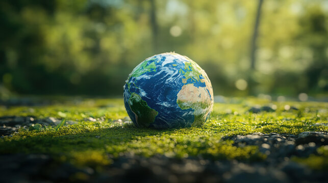 Earth globe rests on a patch of mossy ground in a serene natural forest setting.