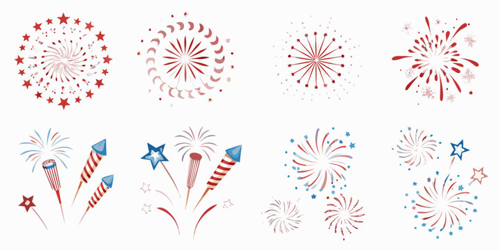 Firework Illustrations In Red White And Blue Watercolor Style