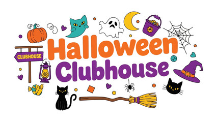 Naklejka premium Halloween Clubhouse Decorations: A whimsical collection of colorful Halloween icons, including a pumpkin, ghost, witch hat, broom, black cat, and candy bucket.