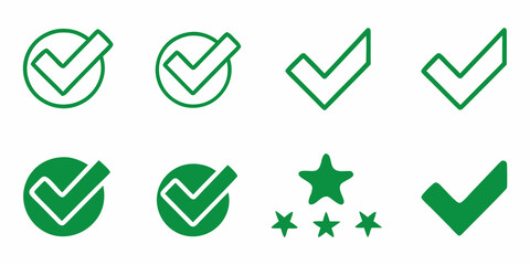 Green Checkmark Icons And Stars Various Styles On White Background © Prosanta