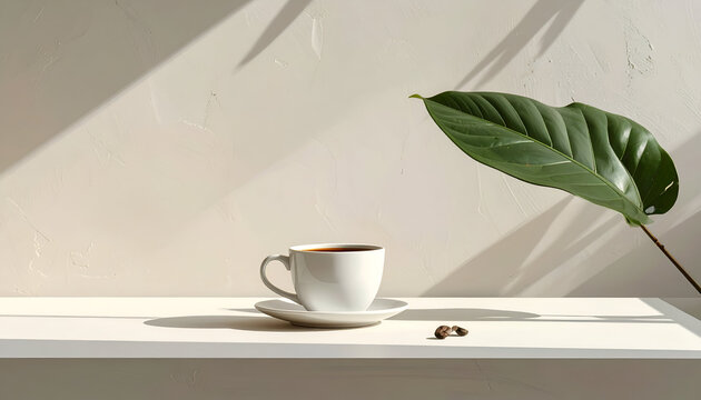 A white coffee cup on a saucer, two coffee beans, leaf, sunlight, neutral background
