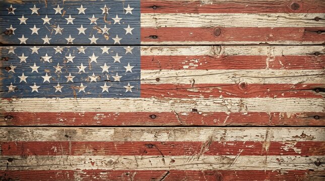 Vintage American flag, rustic wooden background, distressed texture, patriotic symbol
