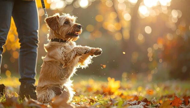 Small brown dog standing on hind legs in park.