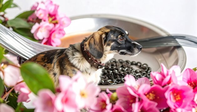 Small dog sitting among pink blossoms in silver bowl.