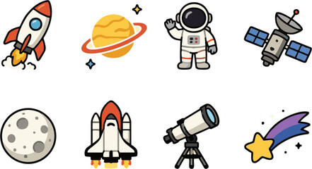 Space Exploration and Astronomy Color Icons Set with Rocket, Planet, Astronaut, Satellite, Telescope and Moon © Indrart