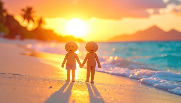 Small figures holding hands on sunset beach.